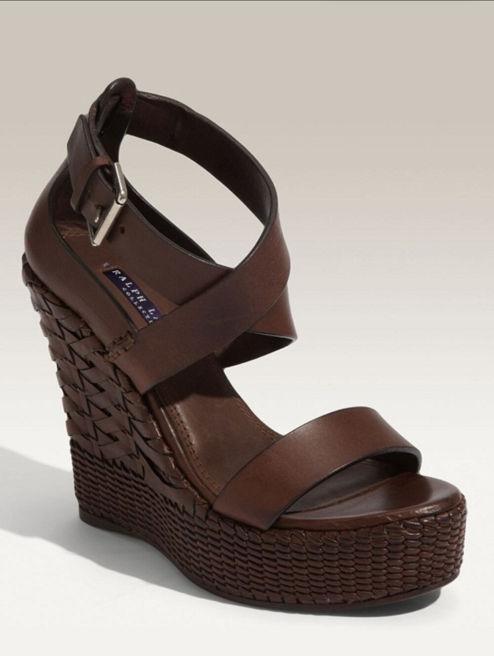 Ralph Lauren Purple Label Dark Brown Leather Woven Platform Wedge Size 6.5